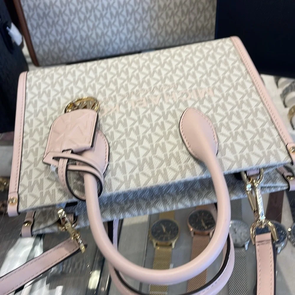 Michael Kors Mirella Small Shopper Top Zip Crossbody Bag Powder Blush Multi Logo